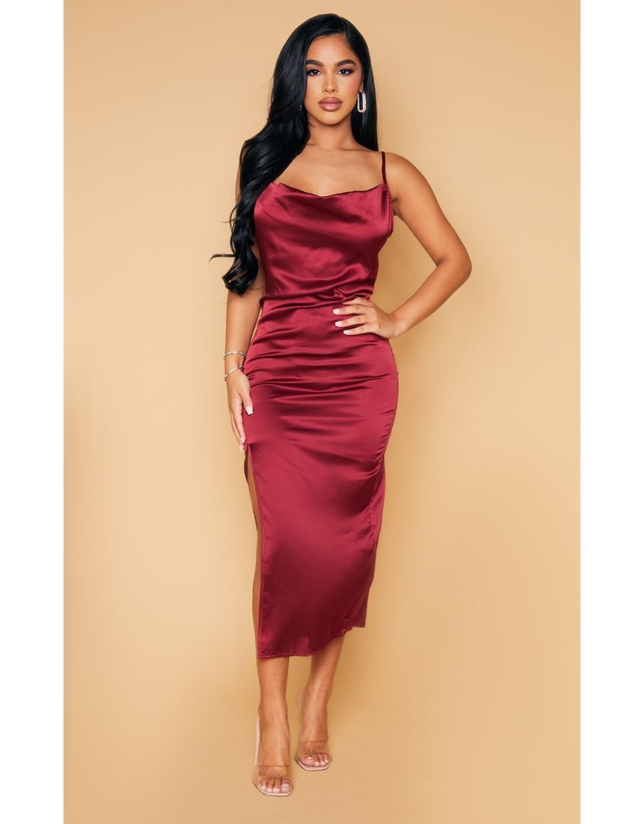 Petite Burgundy Strappy Satin Cowl Midi Dress