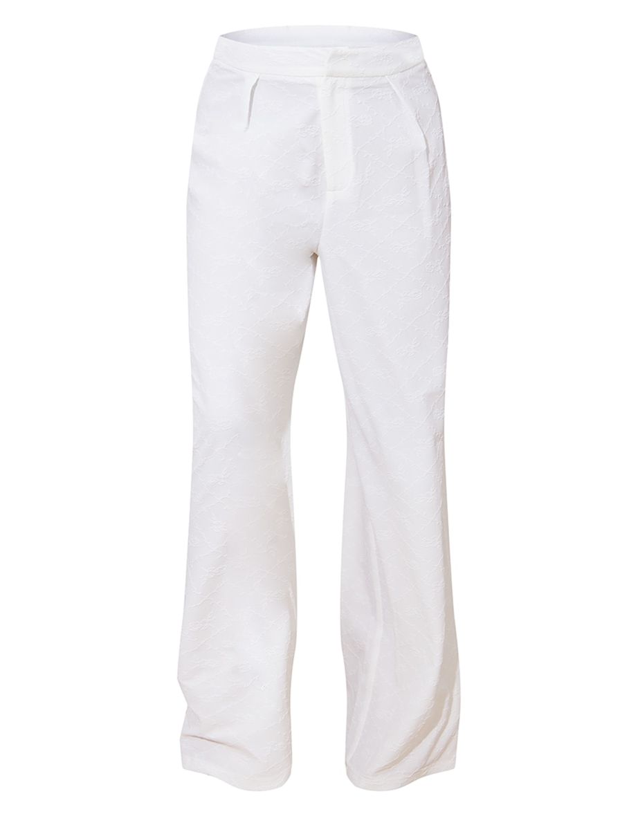 White Floral Rose Jacquard High Waist Tailored Trousers - 4