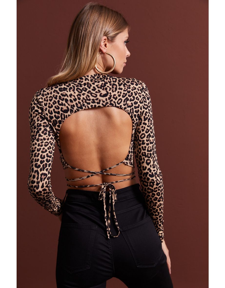 Women's Camel Decollete Leopard Patterned Crop Blouse