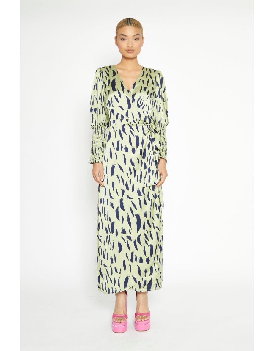 Green Ruched Column Maxi Wrap Dress with Long Sleeve
