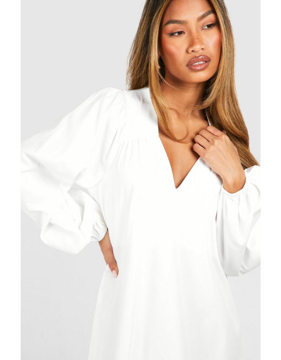 Poplin Blouson Sleeve Trapeze Maxi Dress - white - 3