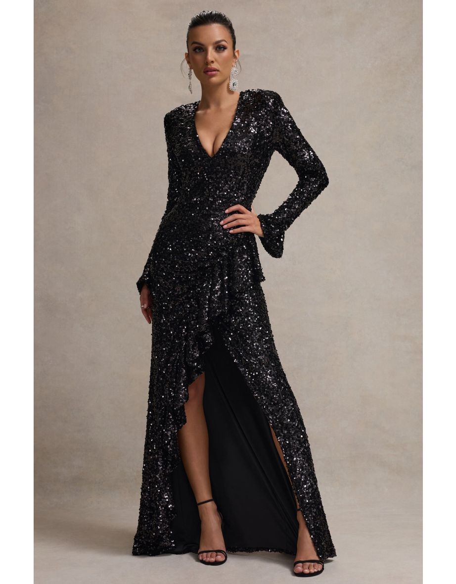 Wild Dream | Black Sequin Plunge-Neck Ruffle Split Floor Length Dress - 6