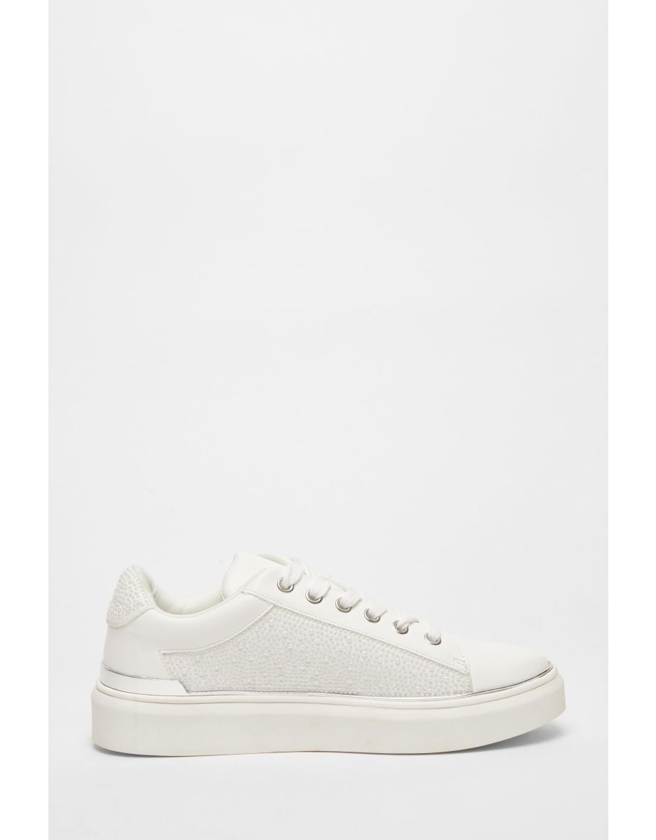 White Pearl Embellished Trainers - 4