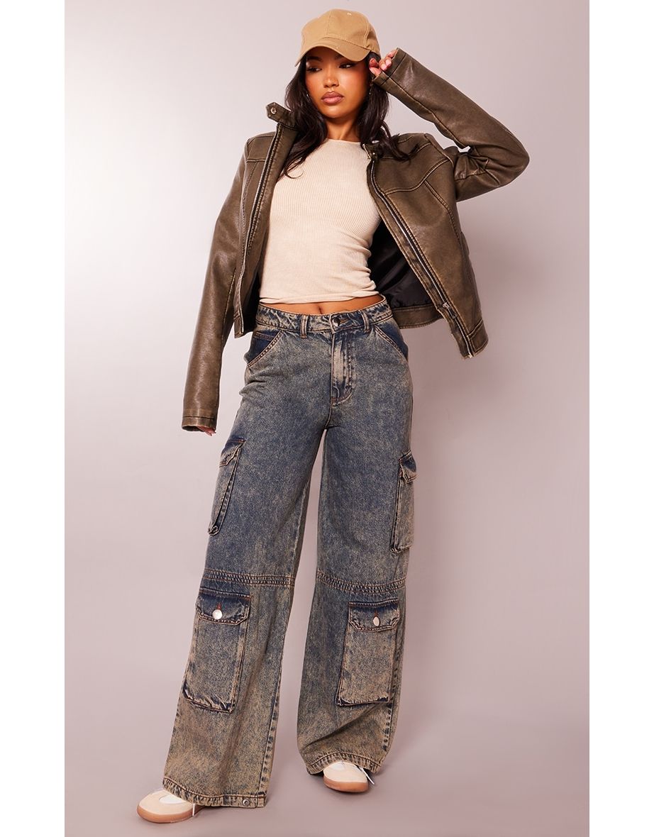 Black Acid Wash Cargo Jeans