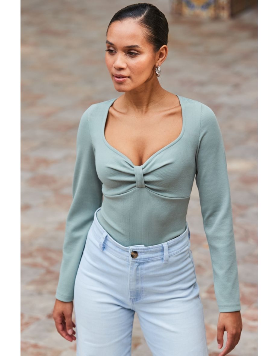 Sage Green Jacquard Ribbed Jersey Top - 4