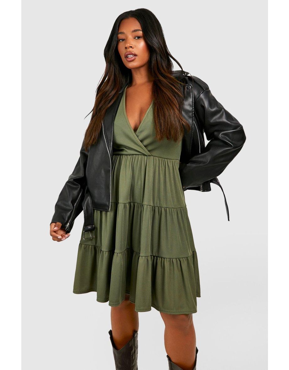 Plus Rib Long Sleeve Tiered Smock Dress
