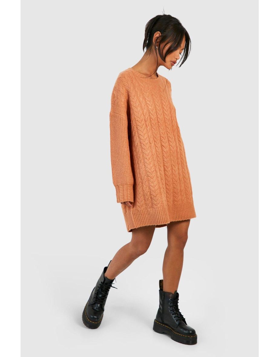 Cable Knit Mini Dress - camel