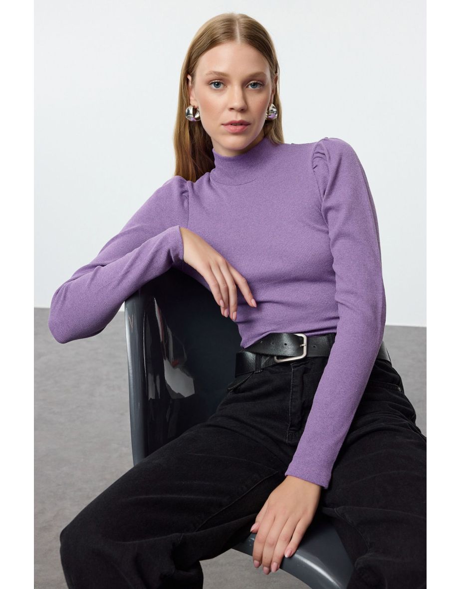 Lilac Fitted High Collar Balloon Sleeve Ribbed Stretchy Knitted Top - 4