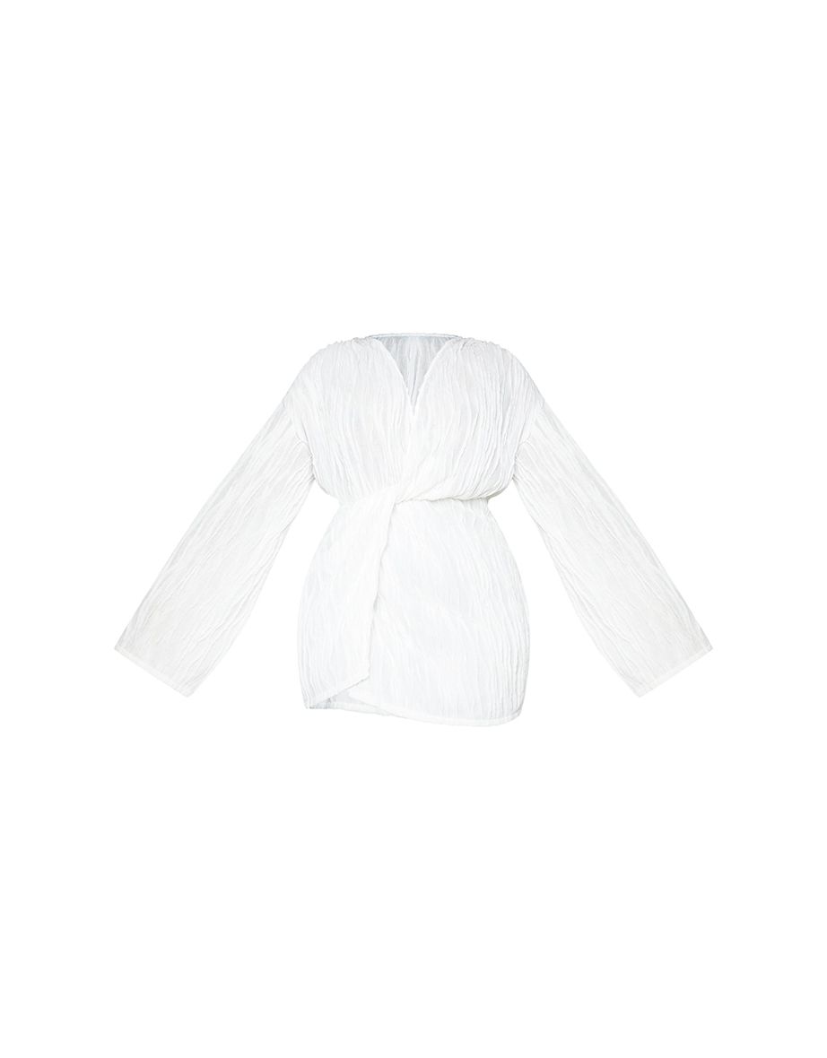 Plus White Textured Wrap Front Dress - 4