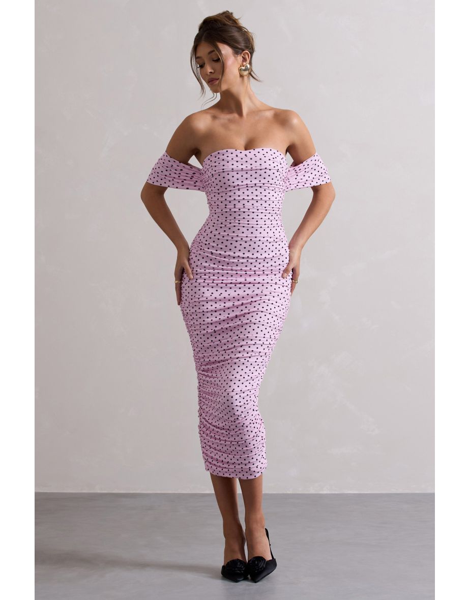 Lost For Words | Pink Polka Dot Bardot Ruched Draped Dress