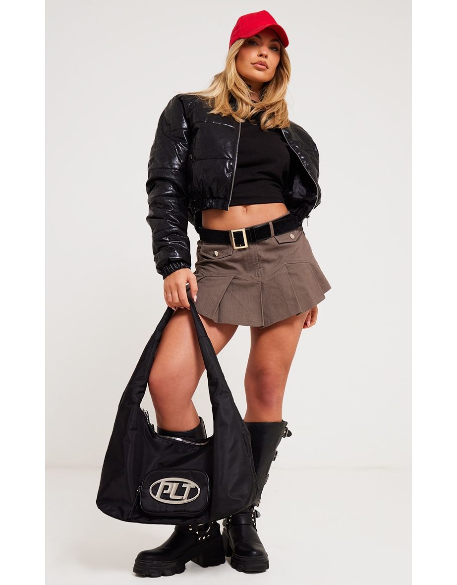 Black Textured Faux Leather Puffer Jacket
