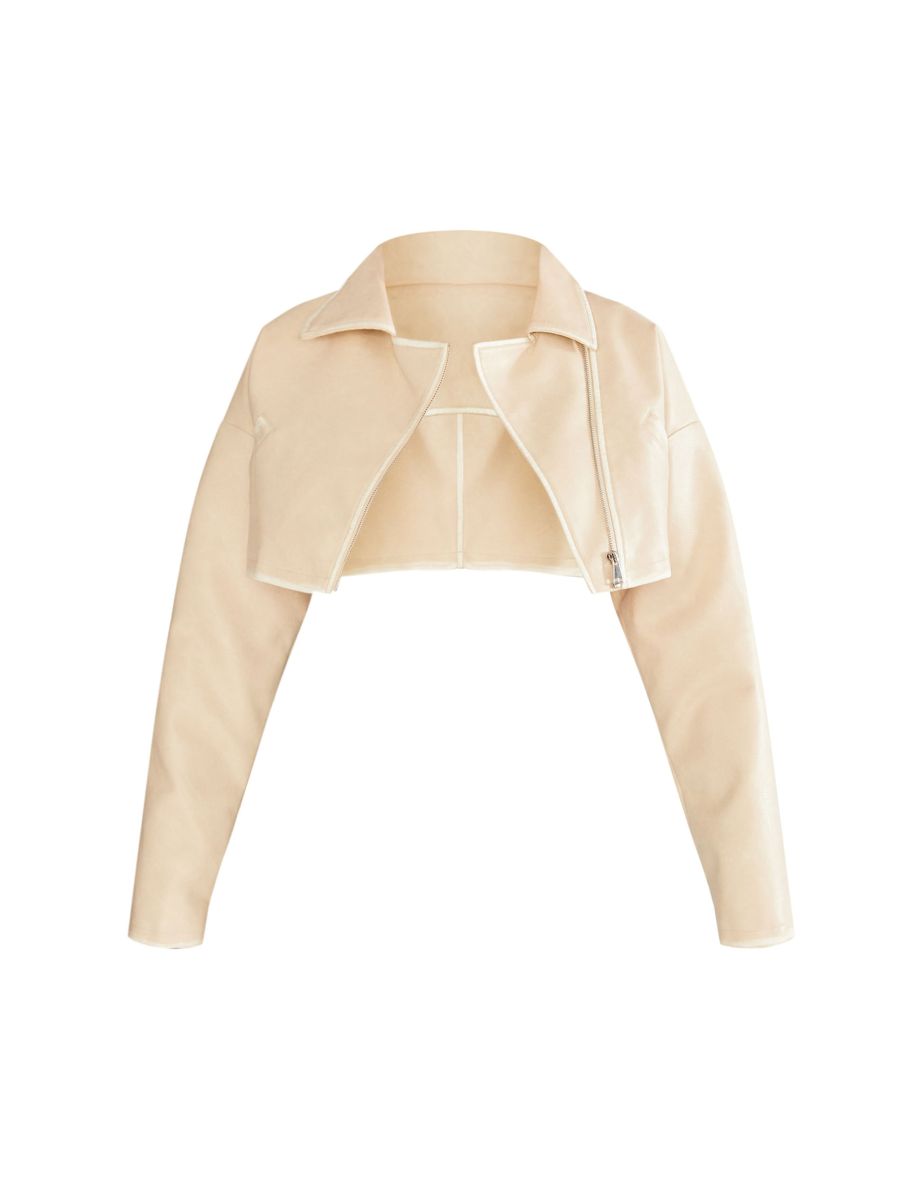 Cream Worn Faux Leather Boxy Cropped Jacket - 4