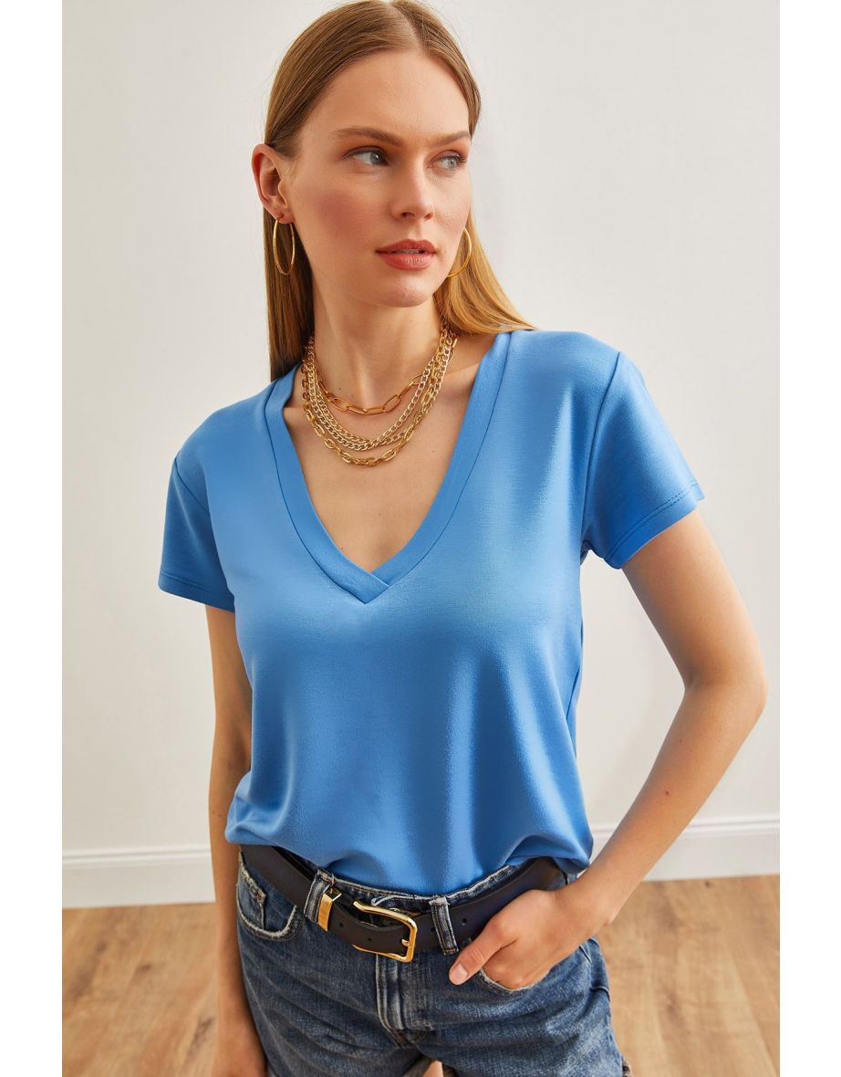 Women's Indigo Deep V-Neck Modal Button T-Shirt - 4