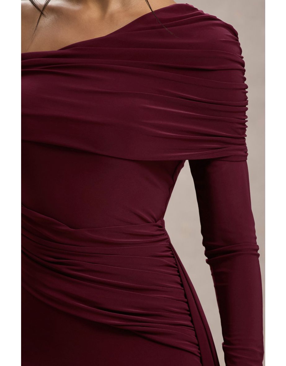 Valina | Burgundy Ruched Asymmetric Maxi Dress With Drape - 5