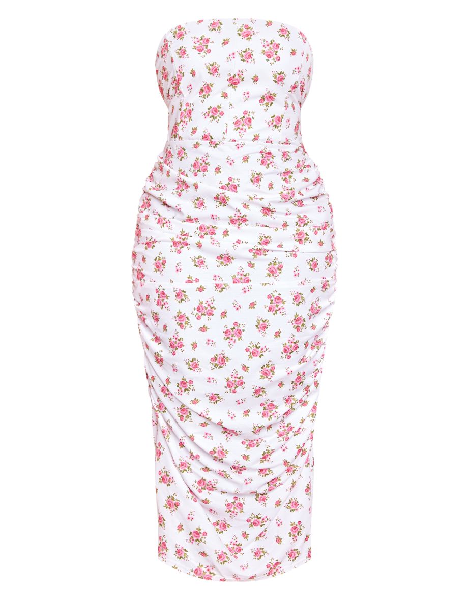 Plus White Floral Print Strapless Corset Ruched Side Maxi Dress - 4