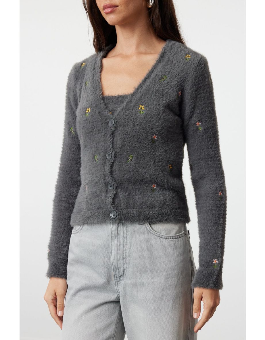 Anthracite Hairy/Beard Thread Knitwear Cardigan