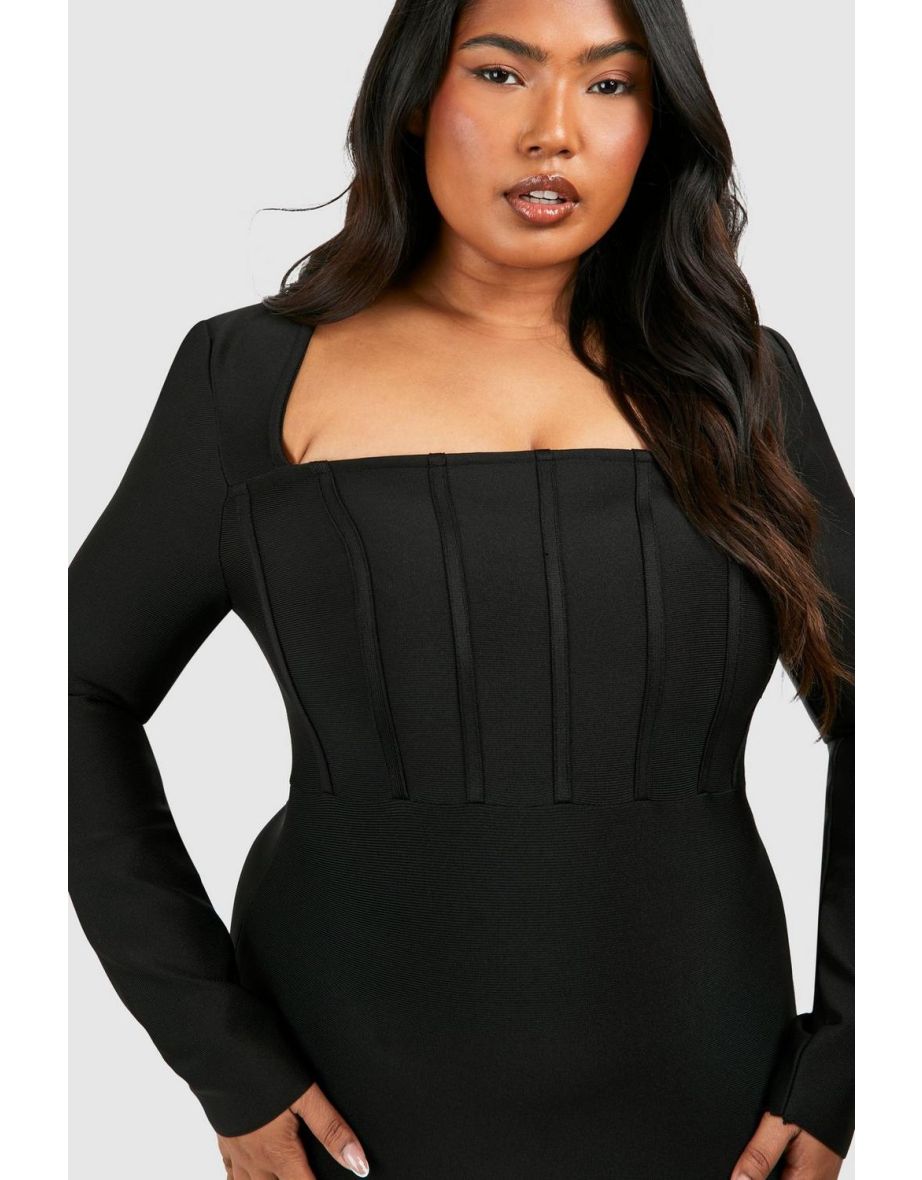 Plus Bandage Long Sleeve Bodycon Dress - black - 3
