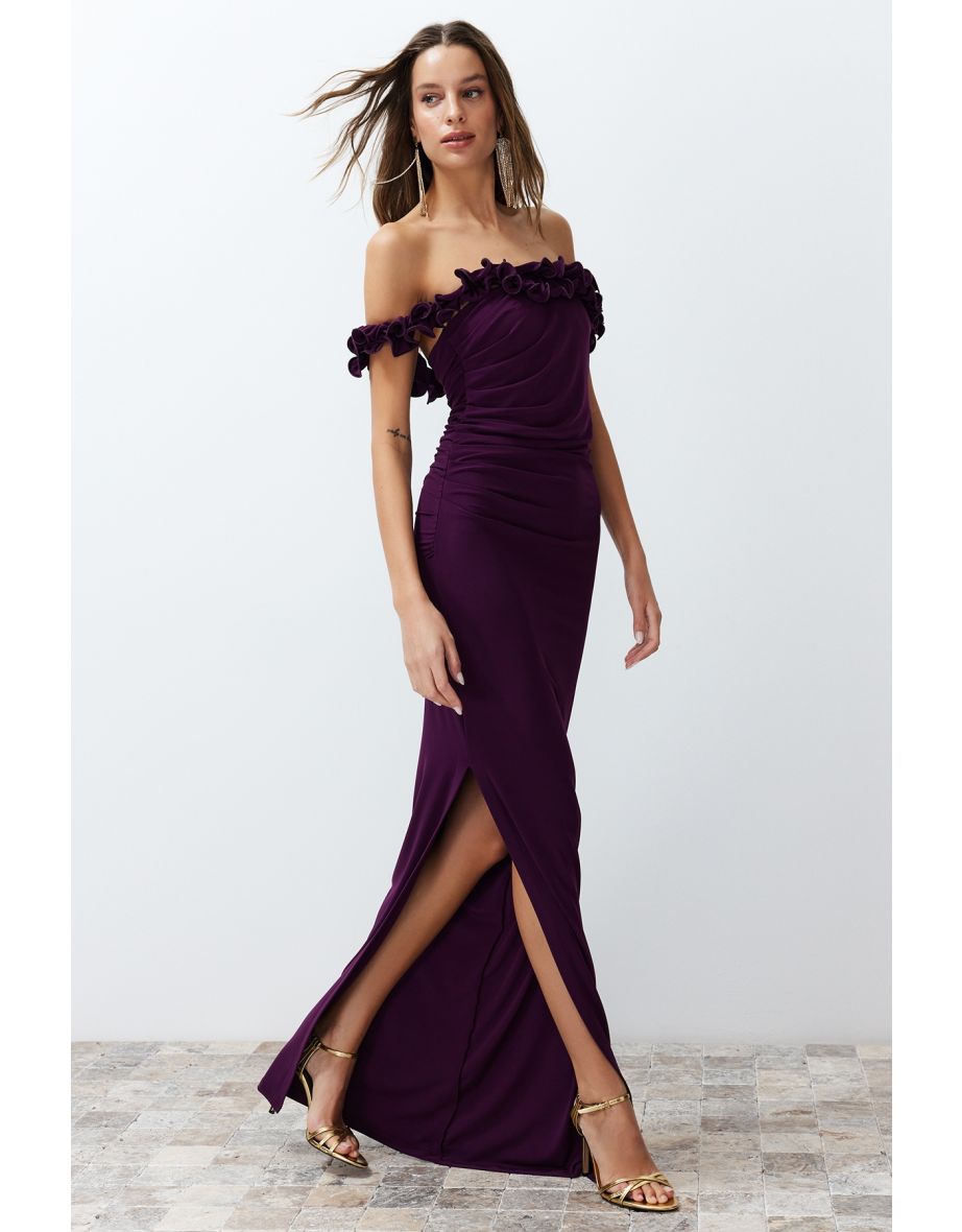 Damson Fitted Knitted Long Evening Evening Dress