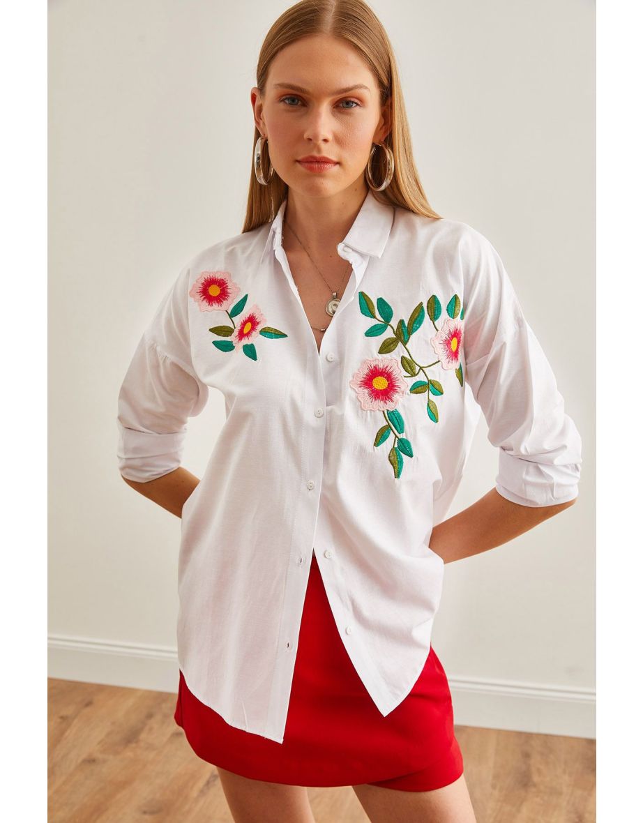 Women's Azalea White Embroidery Detailed Oversize Woven Shirt