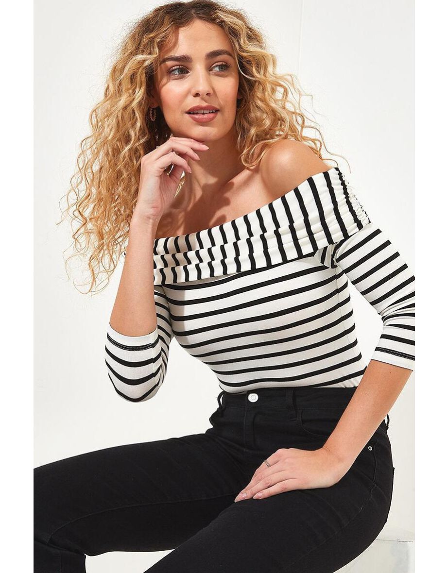 Striped Bardot Top with 3/4 Length Sleeves