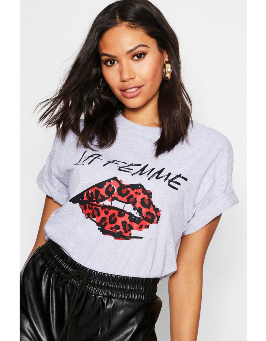 Lips Slogan T-Shirt - grey marl