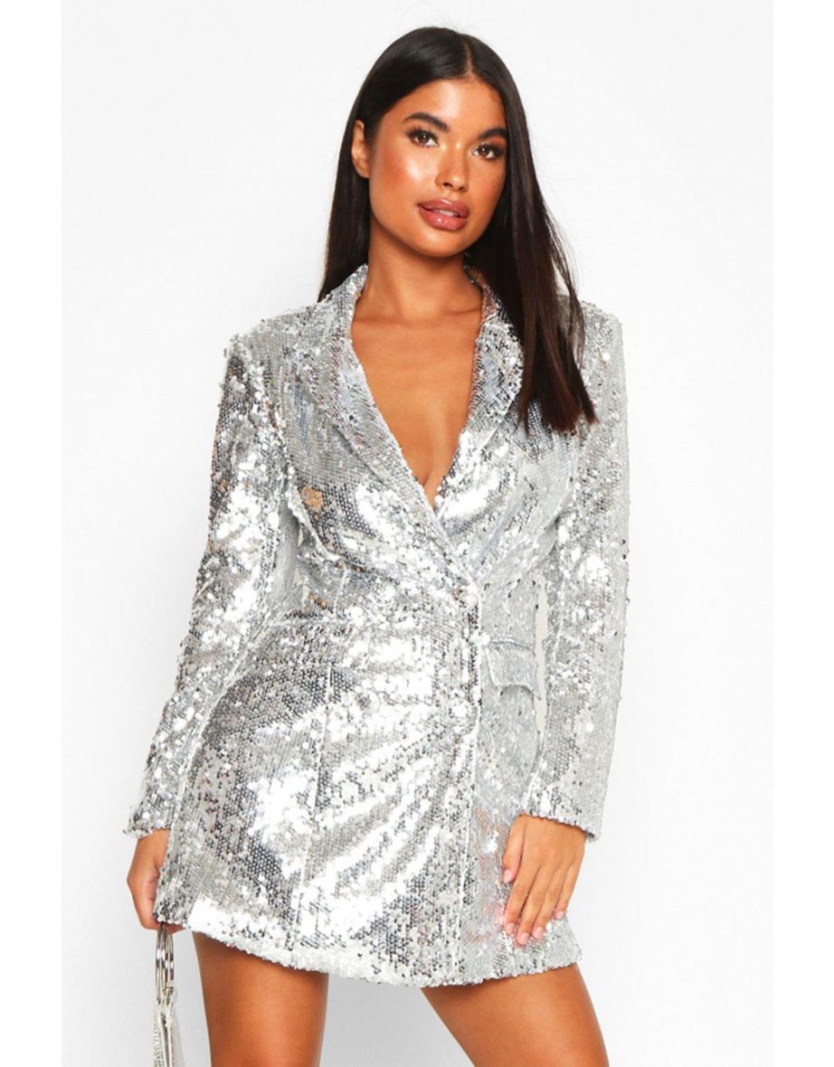 Petite Sequin Blazer Dress - silver