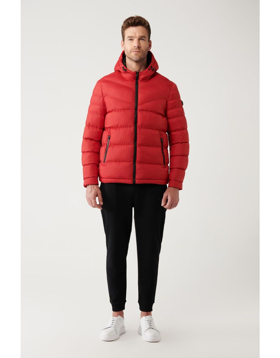 Men's Red Puffer Jacket Water Repellent Windproof Quilted Hooded Comfort Fit