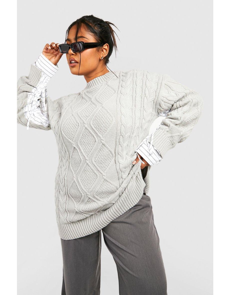 Plus Cable Knit Ruched Shirt Detail Jumper - grey