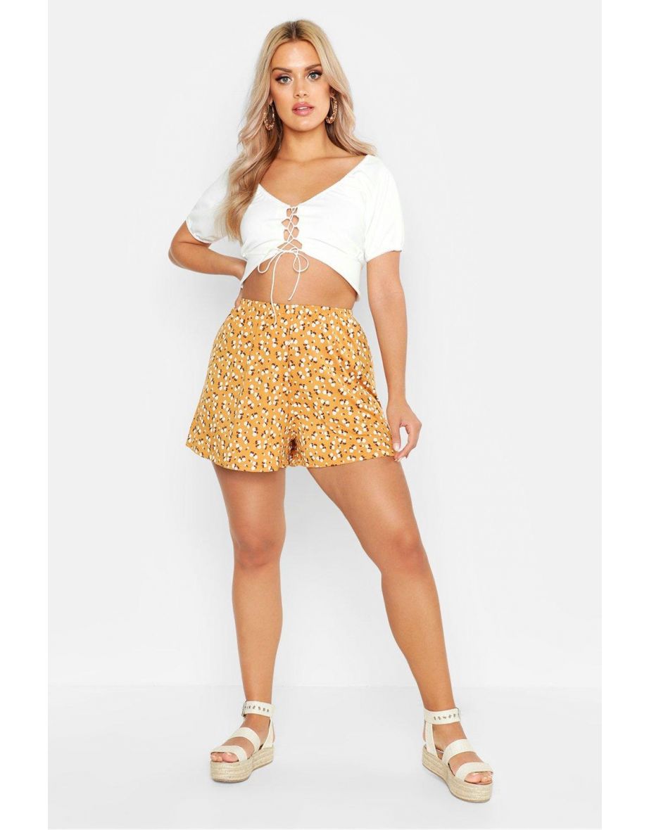 Plus Ditsy Floral Flippy Shorts - yellow
