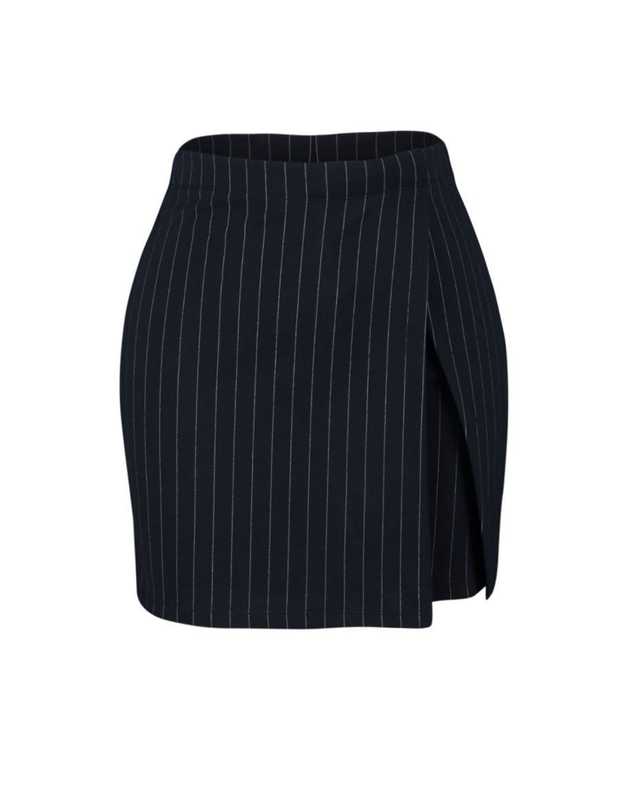 Navy Blue Striped Mini High Waist Knitted Shorts Skirt - 7