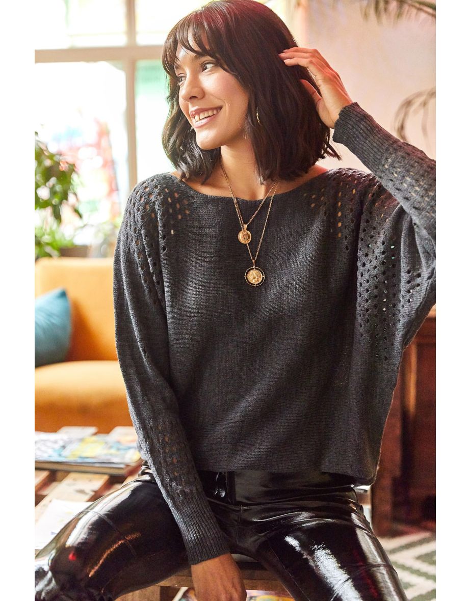 Women's Anthracite Openwork Bateau Oversized Knitwear Sweater