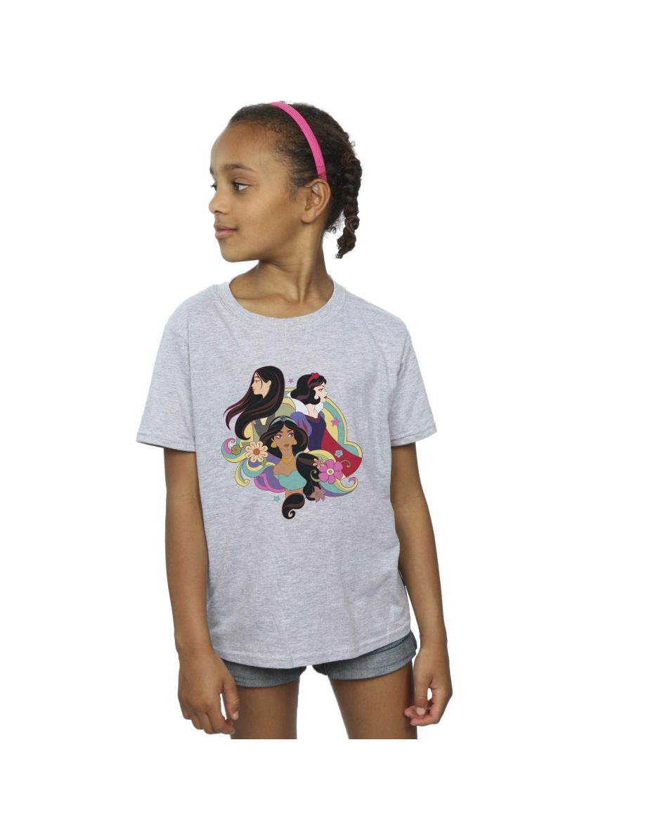 Disney Girls Princess Mulan Jasmine Snow White Cotton T-Shirt - Sports Grey