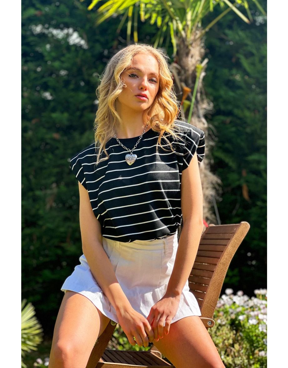 Women's Black Bicycle Ribbed Collar Striped T-Shirt with Padded Shoulders - 4