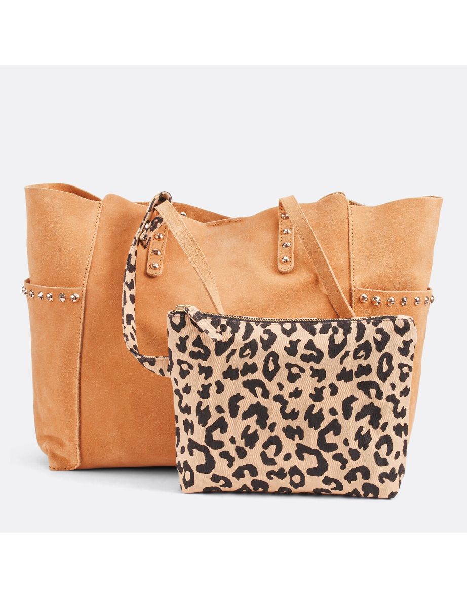 Suede Tote Bag with Leopard Print Pouch