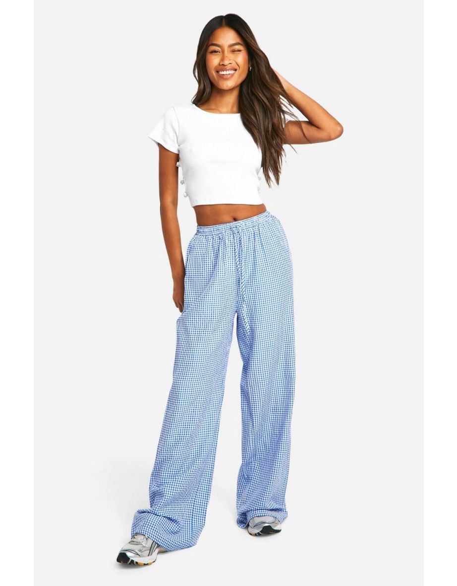 Gingham Wide Leg Drawstring Trouser - blue