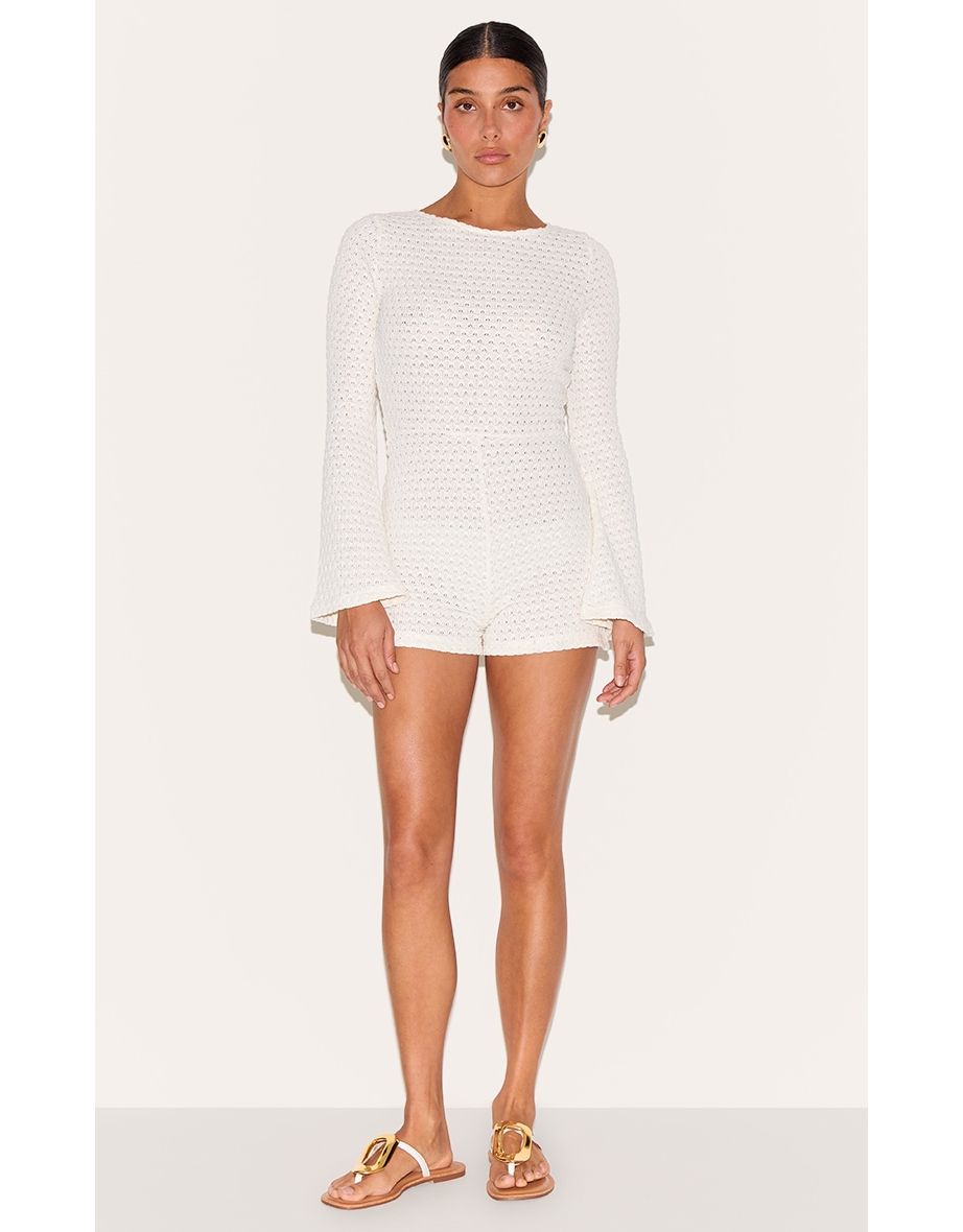 Petite Cream Textured Jersey Long Sleeve Unitard