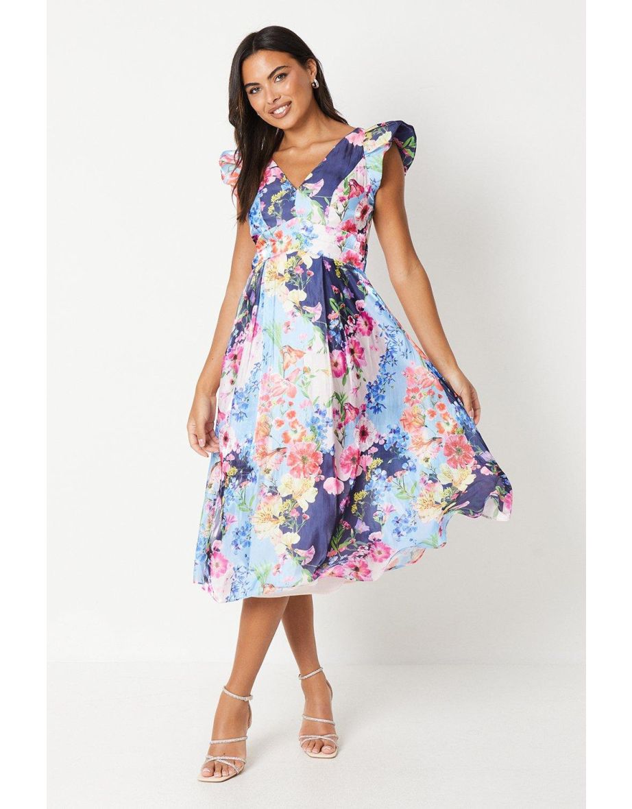 V Neck Organza Dress With Frill Shoulder