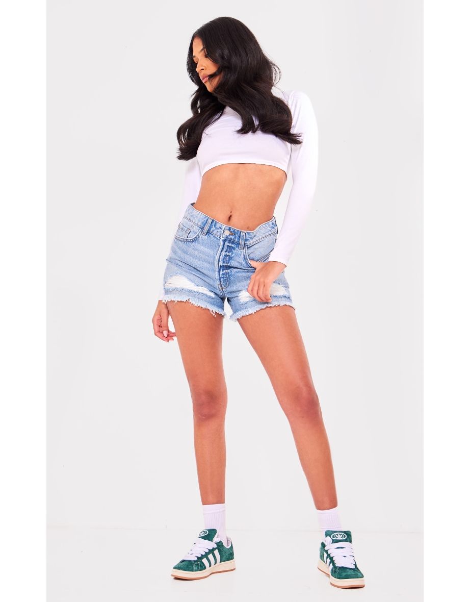 PRETTYLITTLETHING Tall Vintage Mid Wash Distressed Mid Rise Denim Shorts