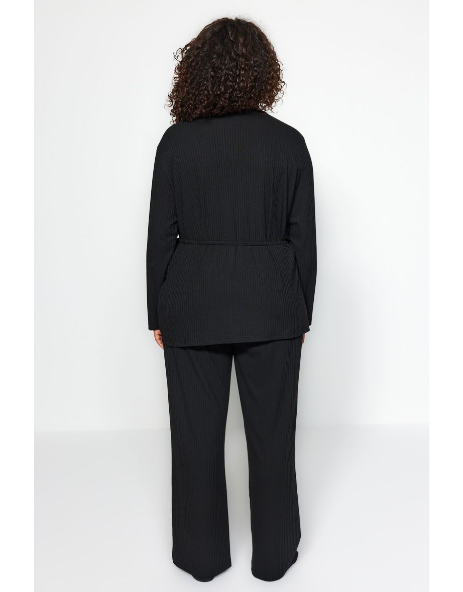 Black Plain Jersey Homewear Plus Size Pajama Set - 7