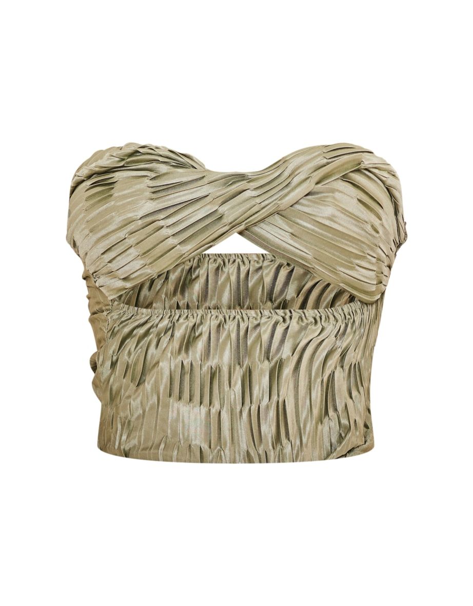 Tall Olive Satin Textured Bandeau Crop Top - 4