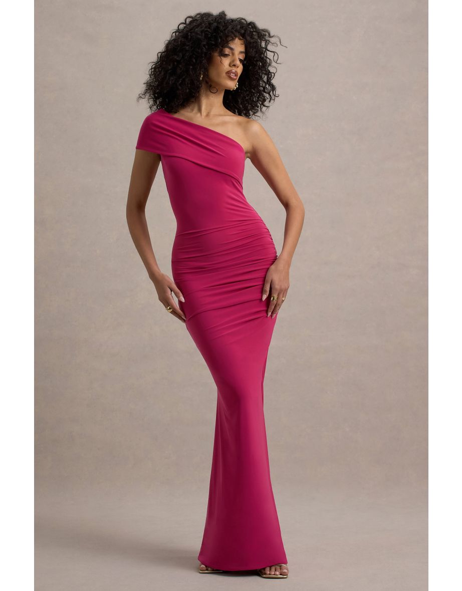 Alethea | Hot Pink Asymmetric Bardot Maxi Dress