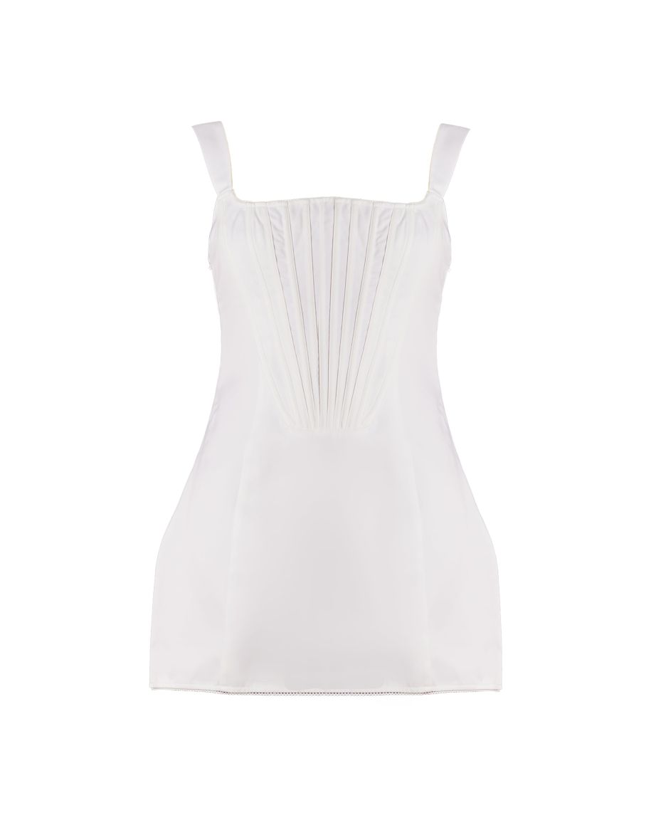 Premium White Woven Square Neck Lace Back Corset Dress - 4