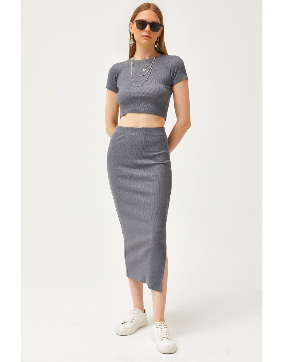 Women's Smoked Short Sleeve Slit Skirt Lycra Suit