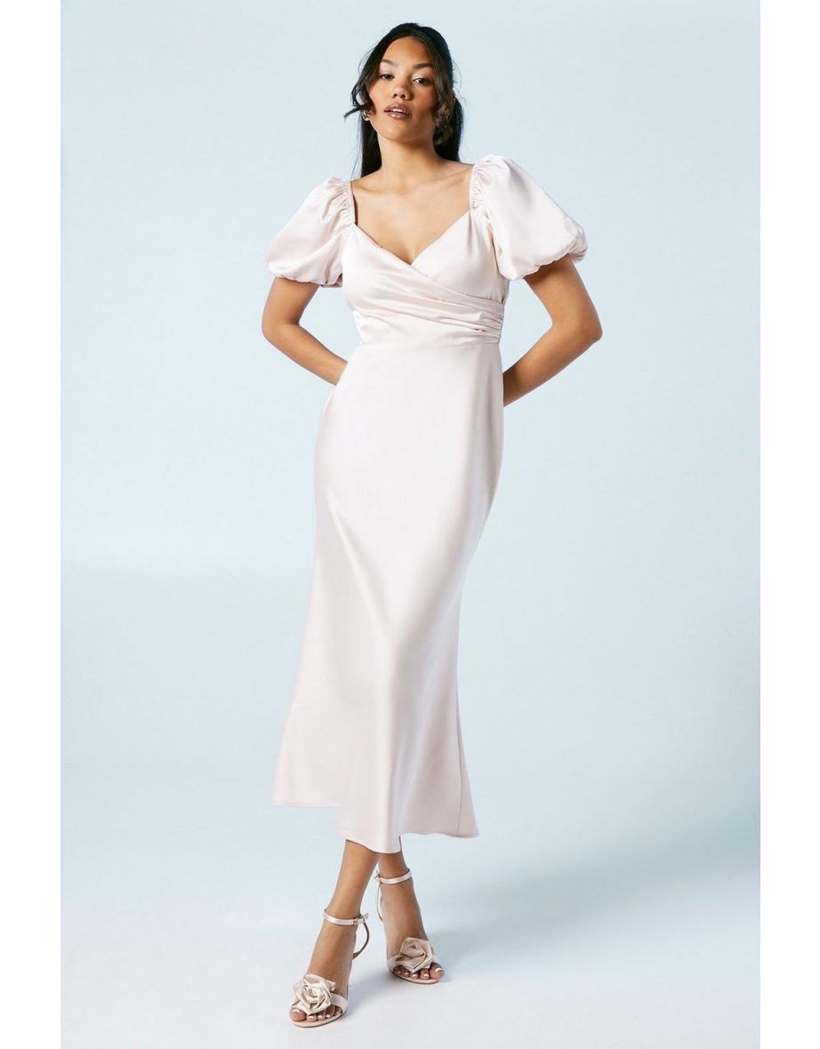 Puff Sleeve Satin Wrap Top Bridesmaids Dress