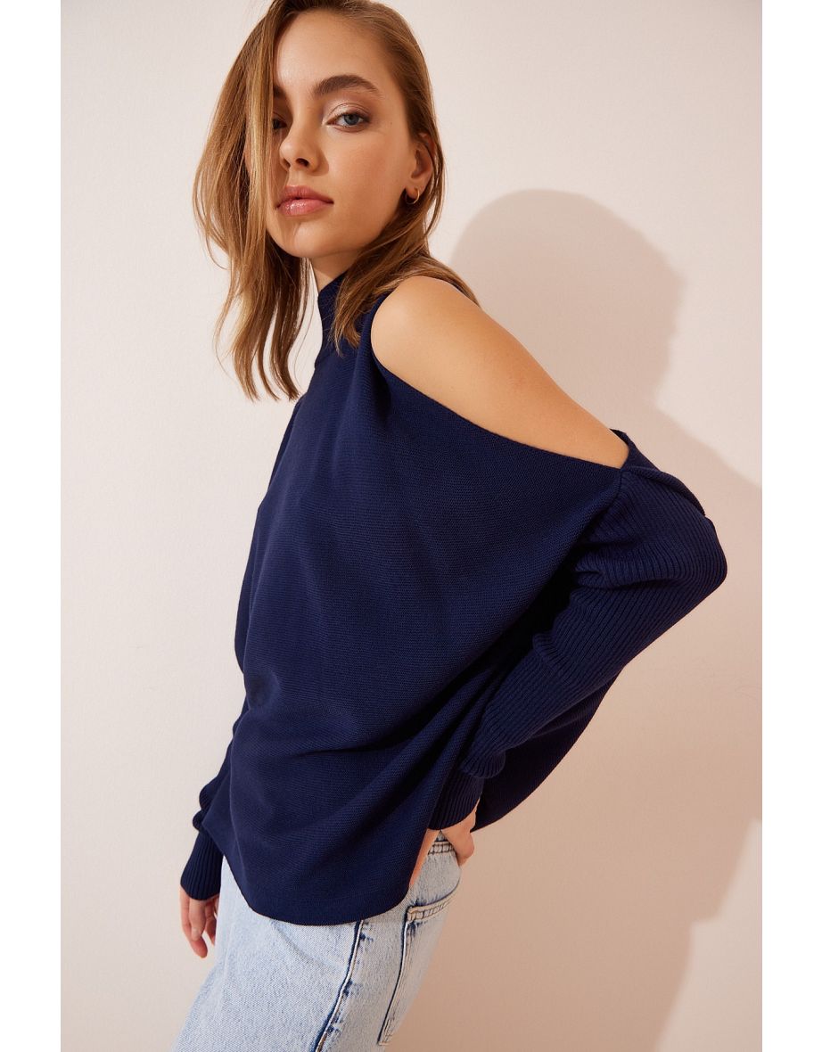 Women's Navy Blue Cut Out Detailed Oversized Knitwear Sweater