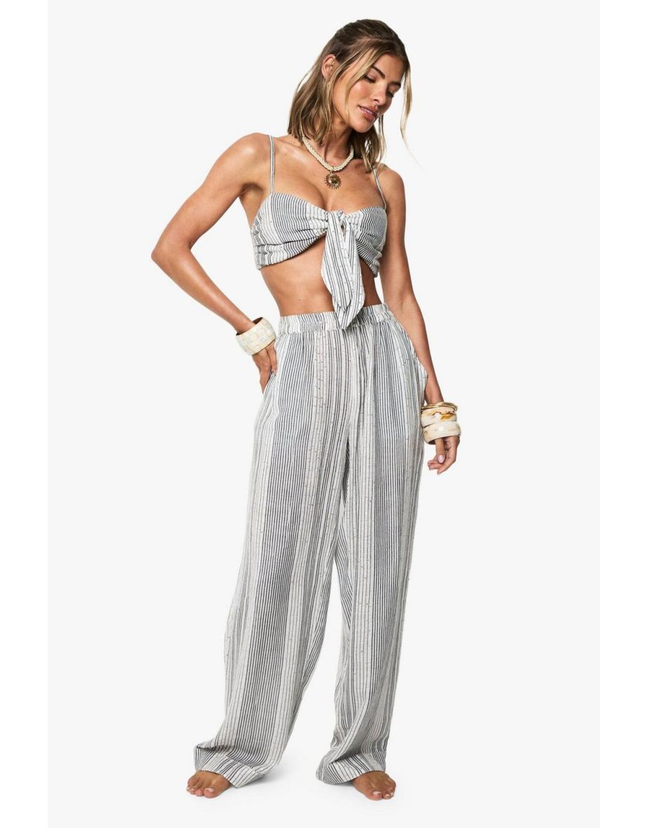 Sequin Stripe Cotton Beach Trousers - cream