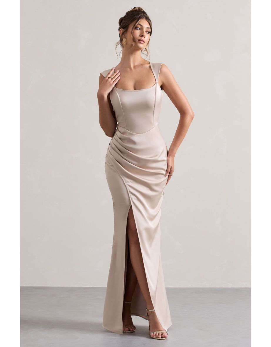 A Romantic | Champagne Satin Corset Wrap Maxi Dress - 4