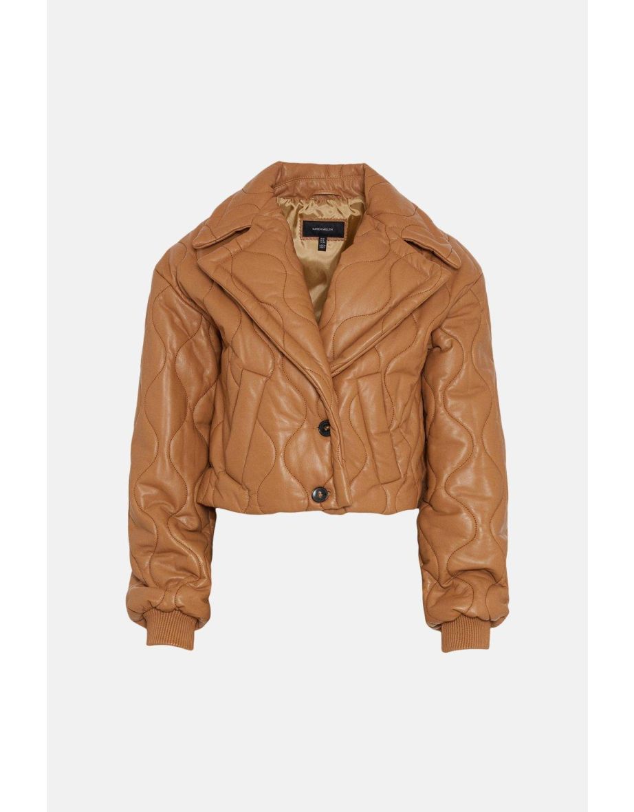 Leather Puffer Stitch Quilted Bomber Coat - 3