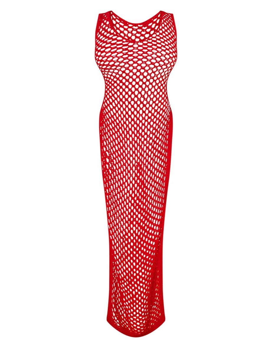 Shape Red Crochet Knit Split Side Maxi Dress - 3