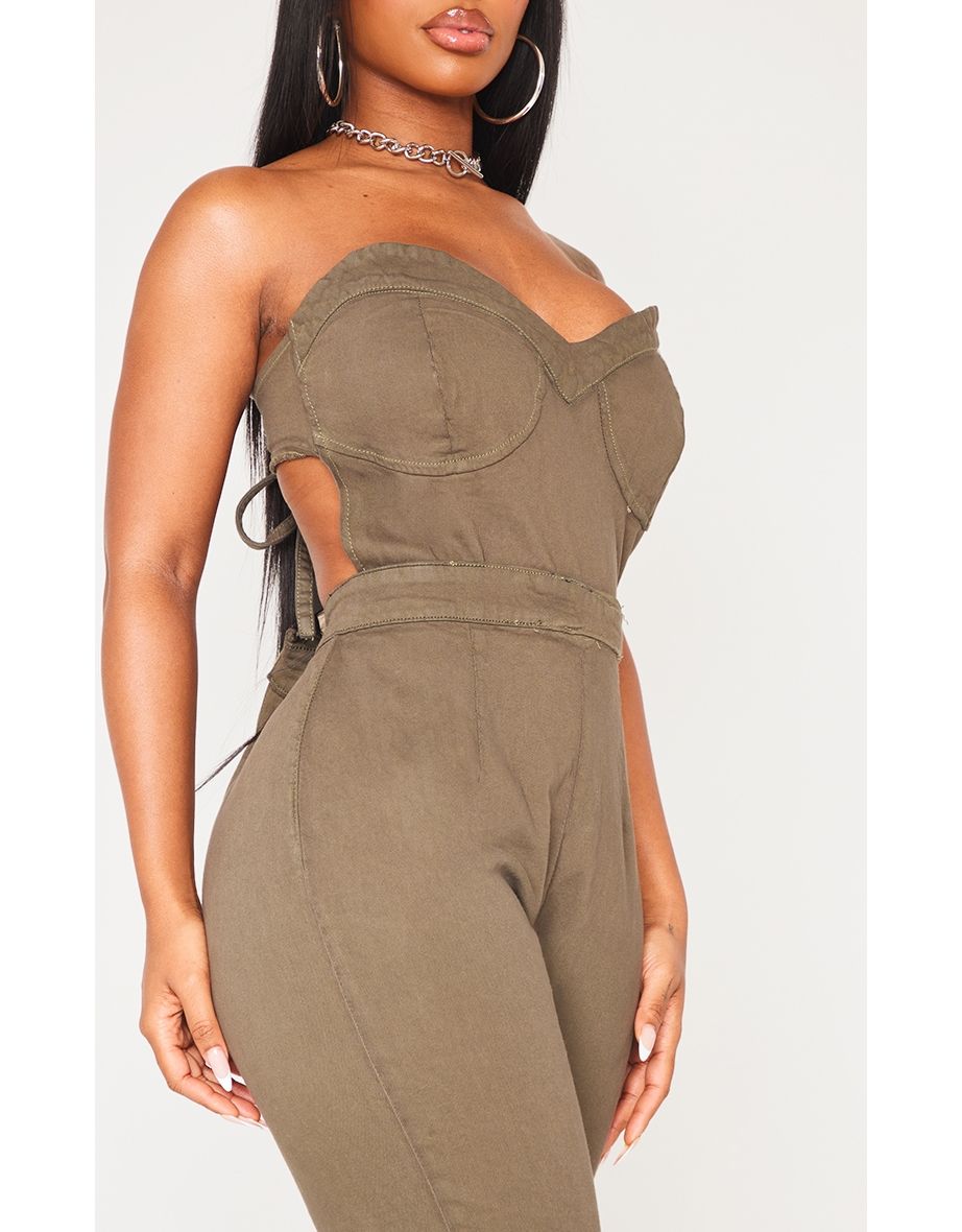 Shape Khaki Cup Detail Tie Back Denim Jumpsuit - 3